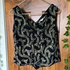 Tropical Print 100% Rayon V Neck Tank Black and Green Leaves | XS